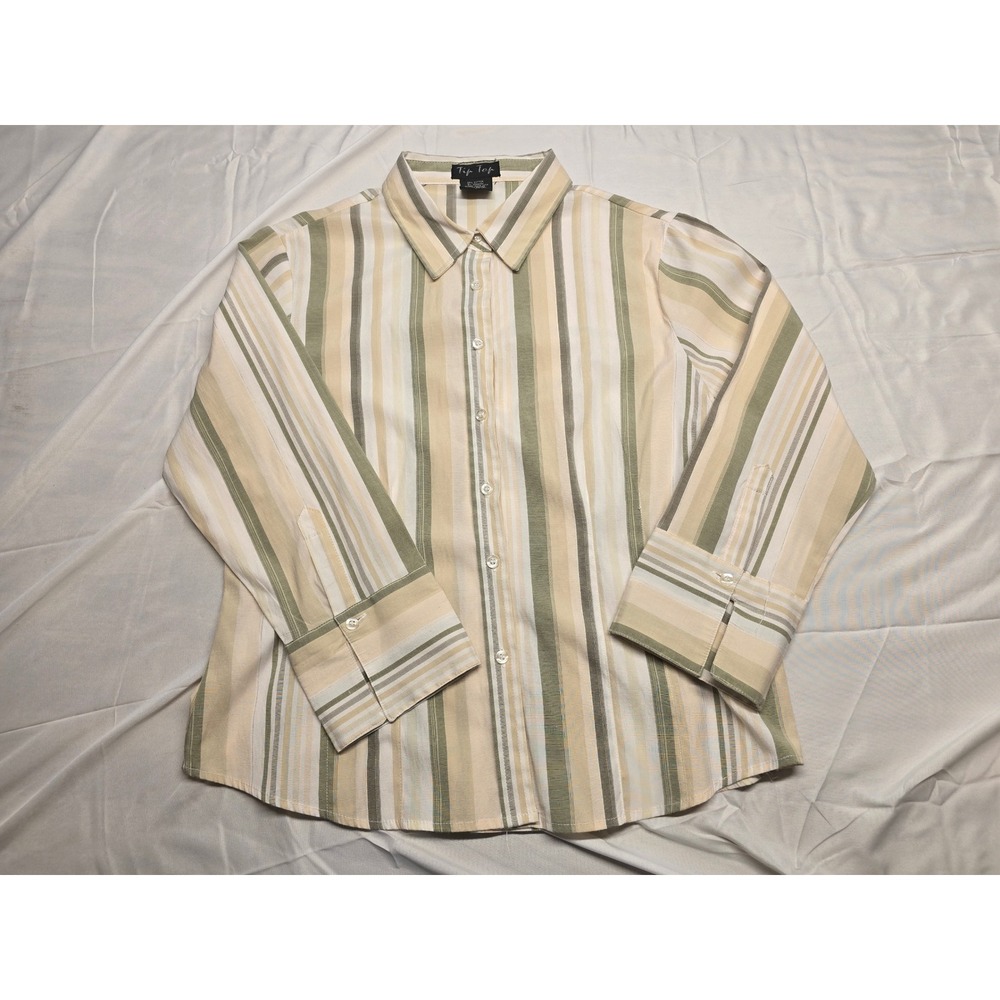Tip Top Womens‎ Button Up Shirt L Beige Green Striped Long Sleeve Casual Top